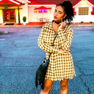 Plaid flannel distressed shirt dress - mustard/black